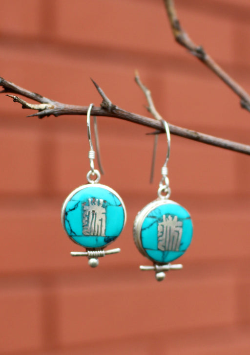 Tibetan Kalachakra Turquoise Inlaid Silver Earrings - nepacrafts