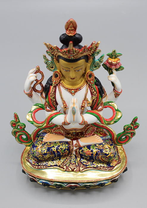 Hand Painted Four Armed White Chenrezig Partly Gold Plated Statue