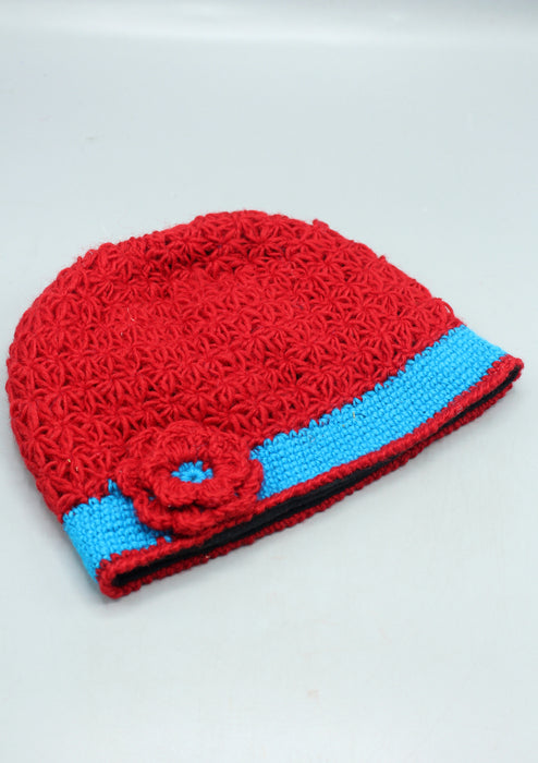 Blue Border Flower Attached Red Warm Crocheted Woolen Beanie