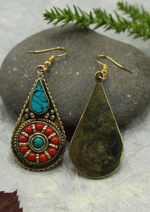 Handmade Water drop Turquoise and Coral Inlaid Mirr Earrings