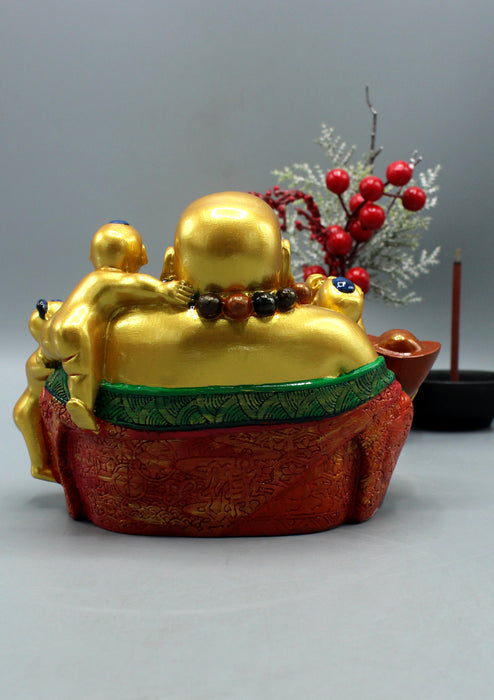 Goldplated Hand Painted Feng Shui Laughing Buddha Sitting with Five Children Statue