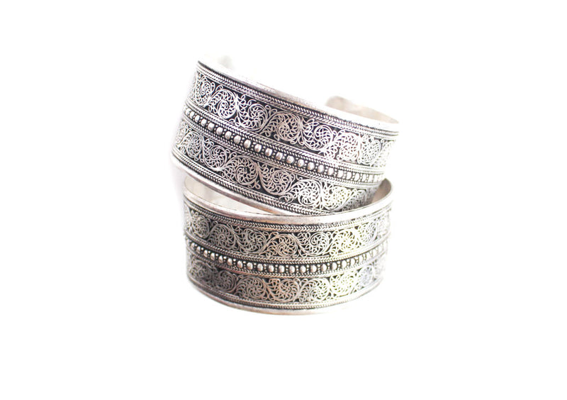 White Metal Fine Filigree Carving Handmade Cuff Bracelet - nepacrafts