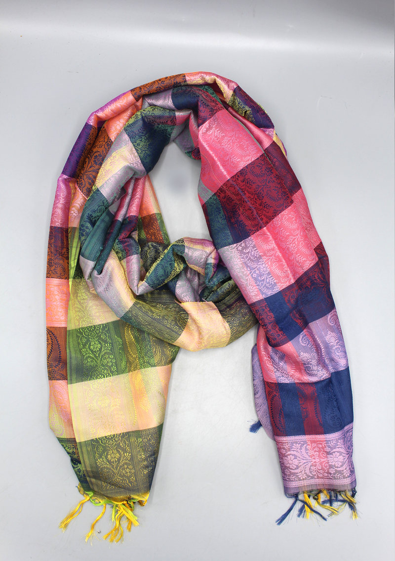 Silk Mixed Polyester Pink and Green Mixed Multi Color Shawls with Furka
