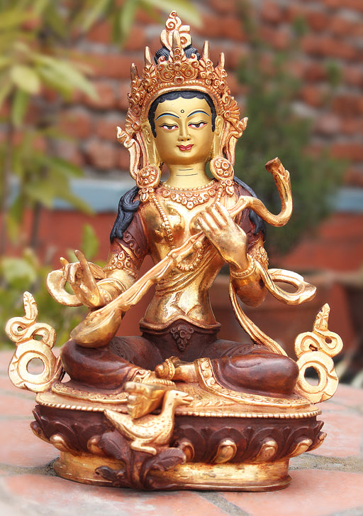Hindu Goddess Saraswati Partly Gold Plated Statue - nepacrafts