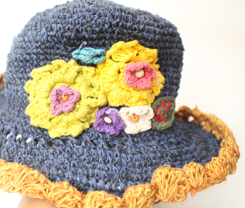 Navy Blue Flower Hemp Hat - nepacrafts