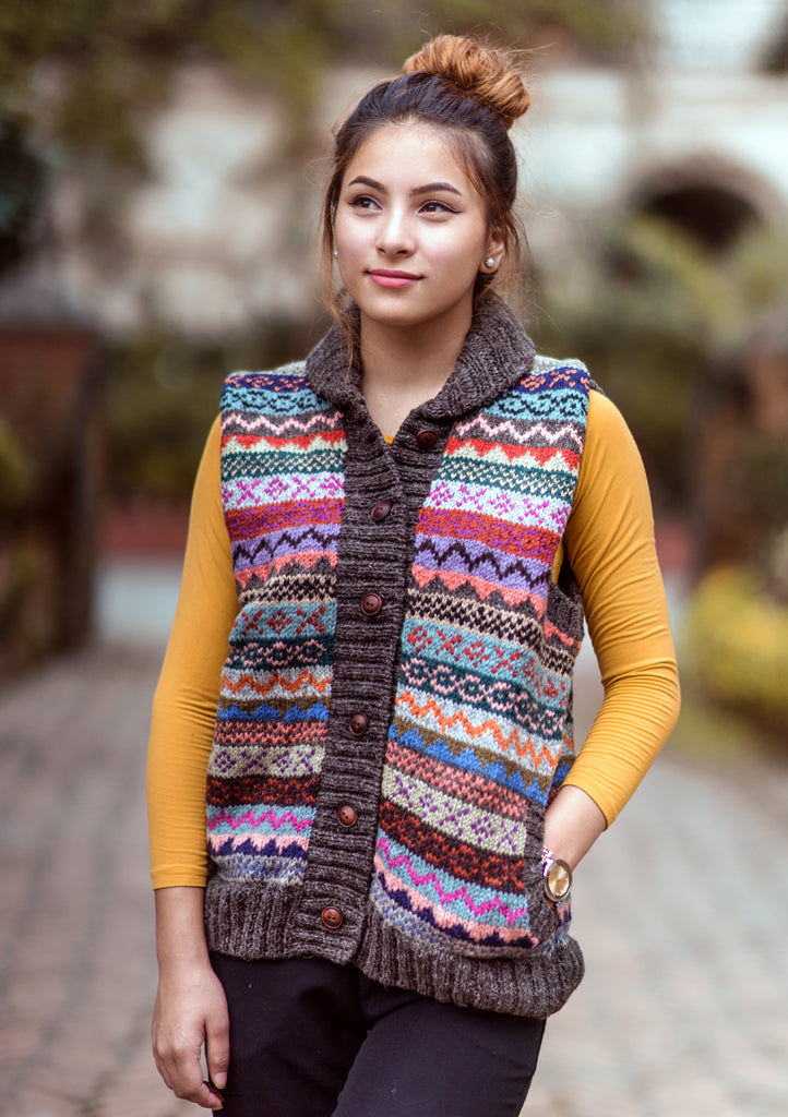 Blue and Orange Mix Multicolor Women's Woolen Cardigan - nepacrafts