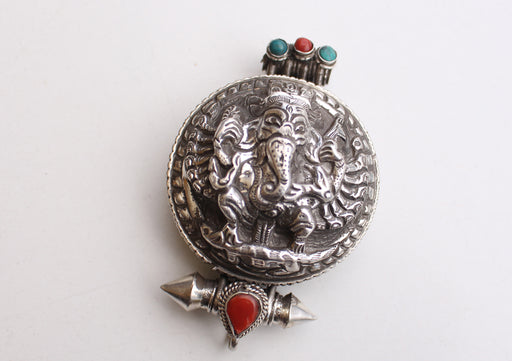 Ganesh Carved Silver Sterling Tibetan Ghau Pendant with Semi Precious Stone From Nepal - nepacrafts