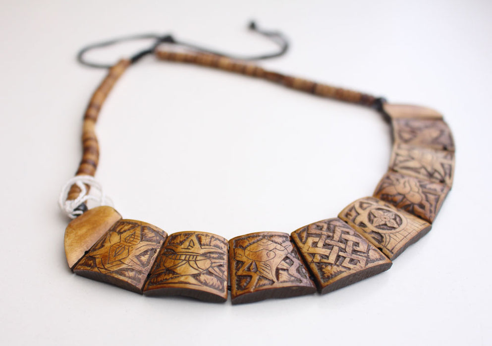 Eight Auspicious Symbol Carved Yak Bone Necklace - nepacrafts