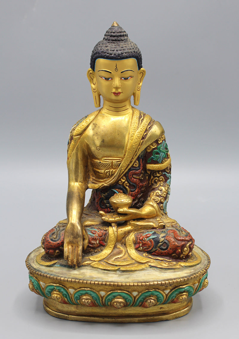 Hand Painted Dragon Carving Shakyamuni Buddha Statue