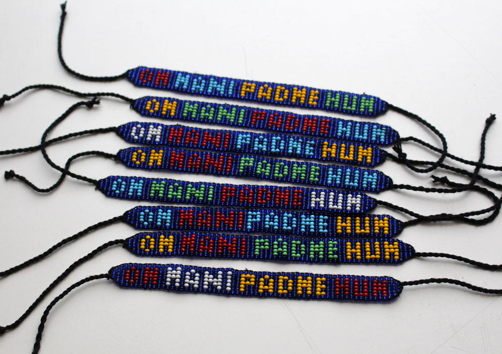 Blue Multicolor Assorted Pattern Om Mani Padme Hum Glass Beads Bracelet - nepacrafts