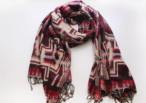 Hand Loomed Maroon & Cream Check Pattern Yak Wool Shawl - nepacrafts