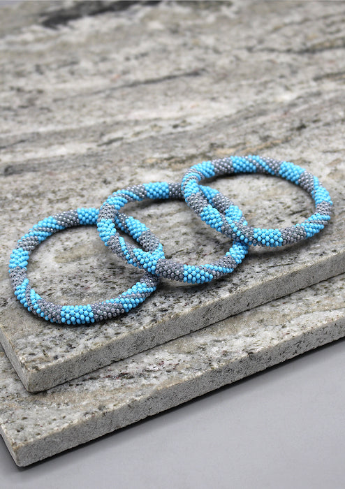 Sky Blue and Grey Diagonal Shape Glass Beads Bracelet