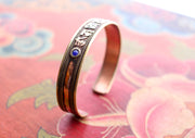 Om Mane Mantra Carved Copper Bracelet with Blue Coral, Cuff Bracelet for Meditation - nepacrafts