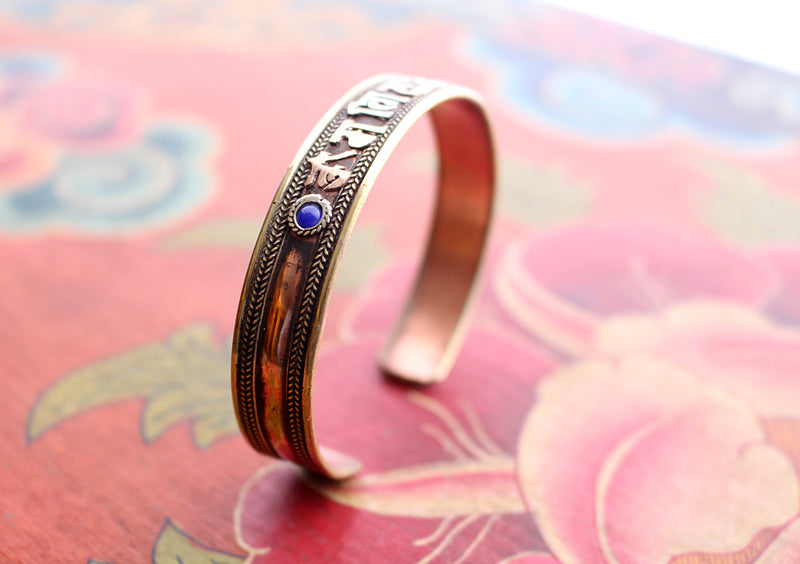 Om Mane Mantra Carved Copper Bracelet with Blue Coral, Cuff Bracelet for Meditation - nepacrafts