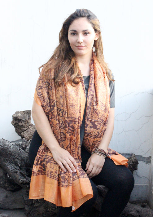 Elephant and Flower Print Orange Cotton Scarf/Shawl for Summer - nepacrafts