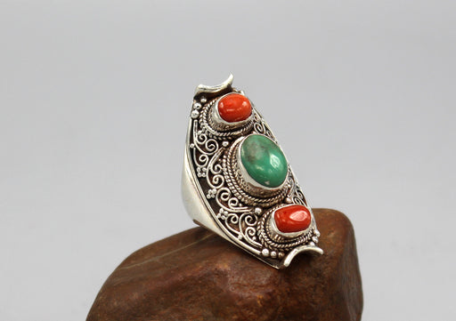 Filigree Design Inlaid Sterling Silver Chunky Finger Ring - nepacrafts