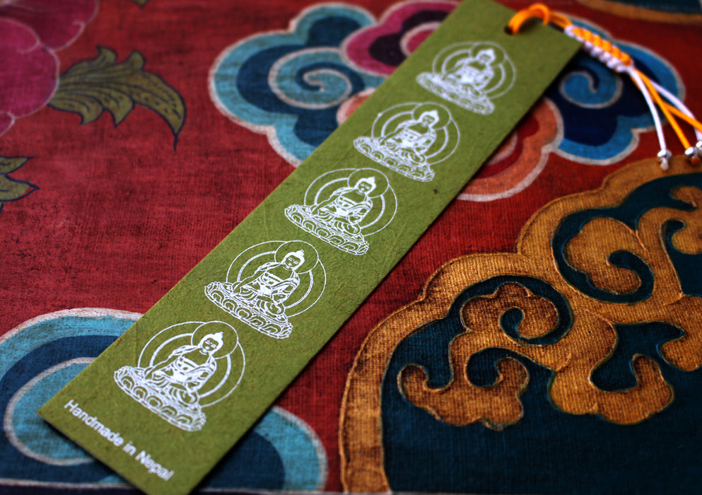 Green Tibetan Om Lokta Paper Bookmark with Charm Tassel - nepacrafts