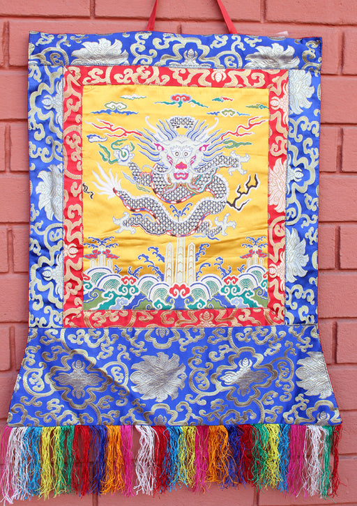 Dragon Silk Brocade Tibetan Wall Hanging with Colorful Fringes - nepacrafts