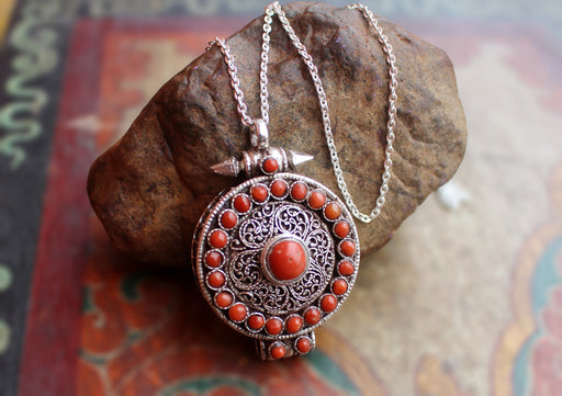 Silver Sterling Ghau Mantra Box Pendant with Coral Inlaid - nepacrafts
