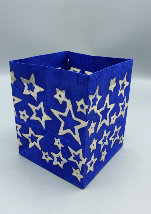 Handmade Star Printed Blue Lokta Paper Candle Lamp