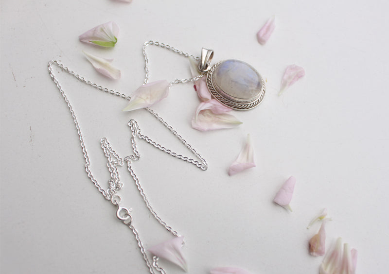 Radient Moonstone Pendant with Silver Chain 925 Silver Sterling - nepacrafts