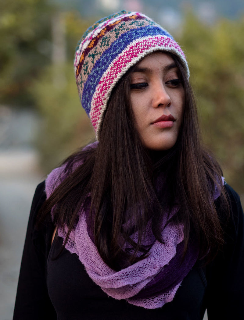 White Pink Multicolor Woolen Sherpa Cap - nepacrafts
