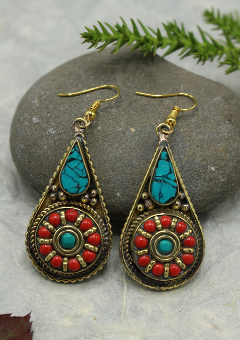 Handmade Water drop Turquoise and Coral Inlaid Mirr Earrings