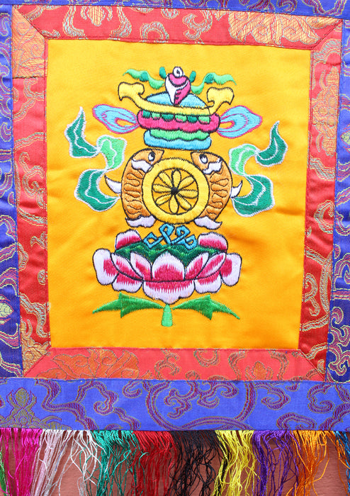 Hand Embroidered Tashi Tagye Auspicious Symbol Tibetan Wall Hanging Banner - nepacrafts