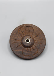 Floral Design Carved Small Round Wooden Incense Burner (4 Full Petals FDIH08) - nepacrafts