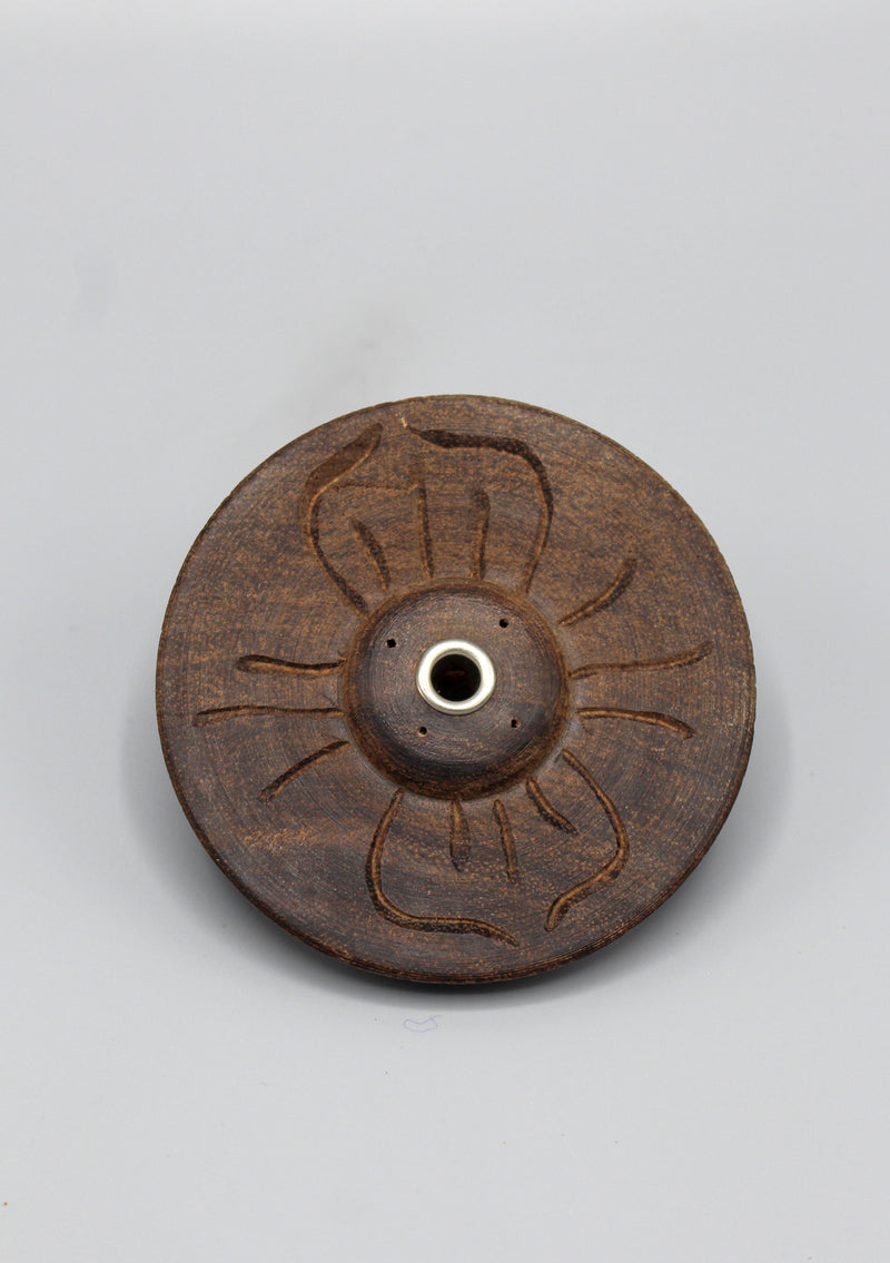 Floral Design Carved Small Round Wooden Incense Burner (4 Full Petals FDIH08) - nepacrafts
