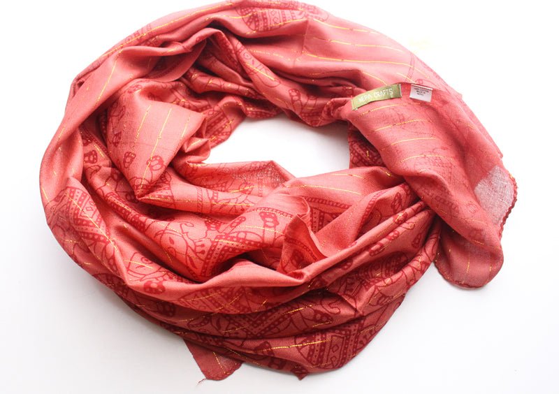 Dark Orange Cotton Meditation Scarf with Elephant Print, Jari Shawl/Scarf - nepacrafts