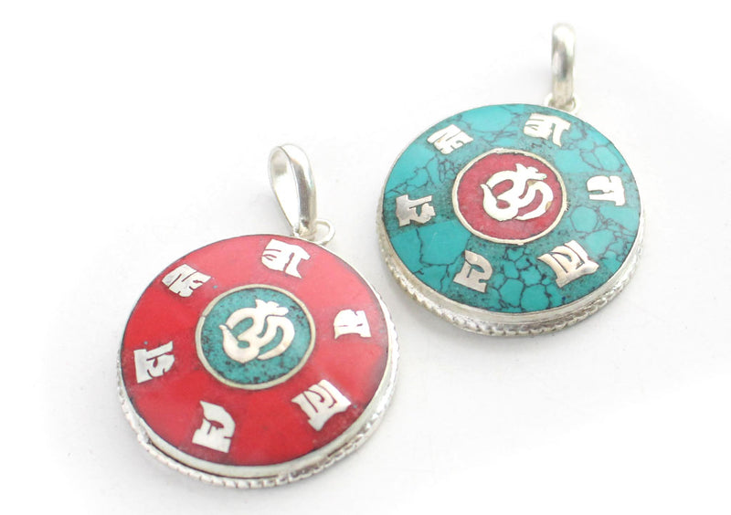 Hindu Om with Tibetan Mantra Inlaid White Metal Pendant - nepacrafts