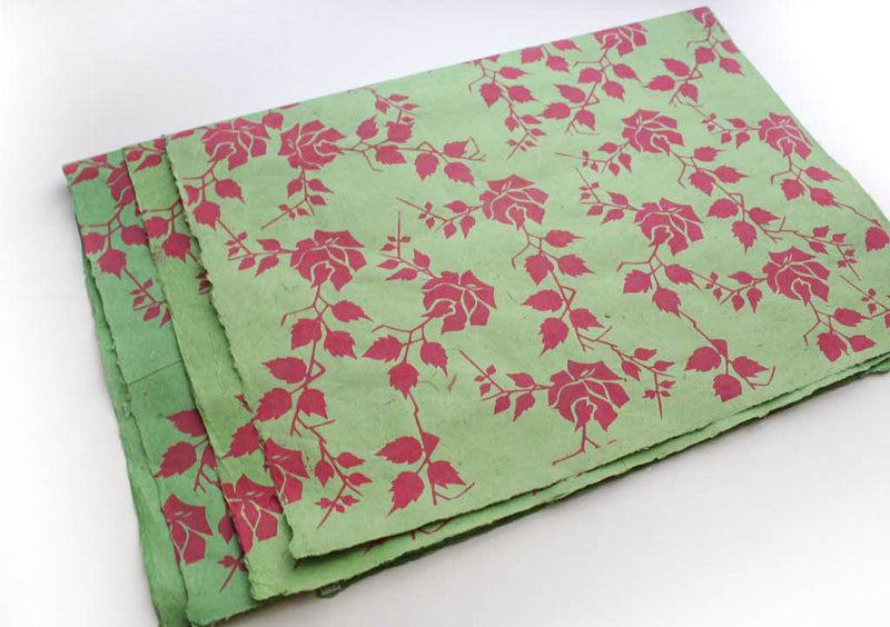 Pink Rose and Leaf Printed Green Gift Wrapping Paper - nepacrafts