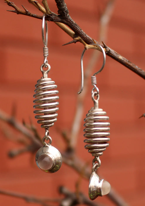 Silver Sterling Spiral Roll with Moon Stone Drop Earrings - nepacrafts