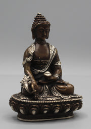 Finely carved Copper Medicine Buddha Statue inlaid Silver Robes - nepacrafts