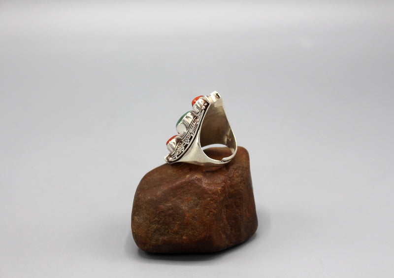 Filigree Design Inlaid Sterling Silver Chunky Finger Ring - nepacrafts