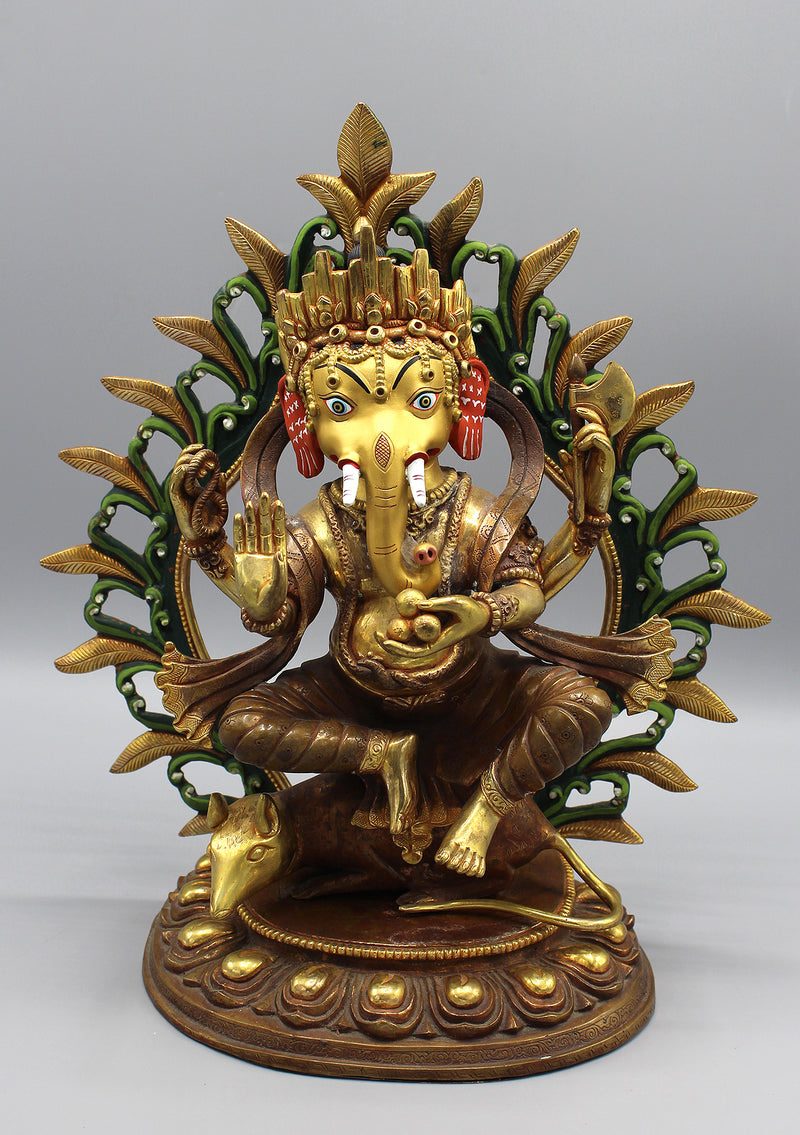 Gold Plated Lord Ganesha Statue Seated on Mouse