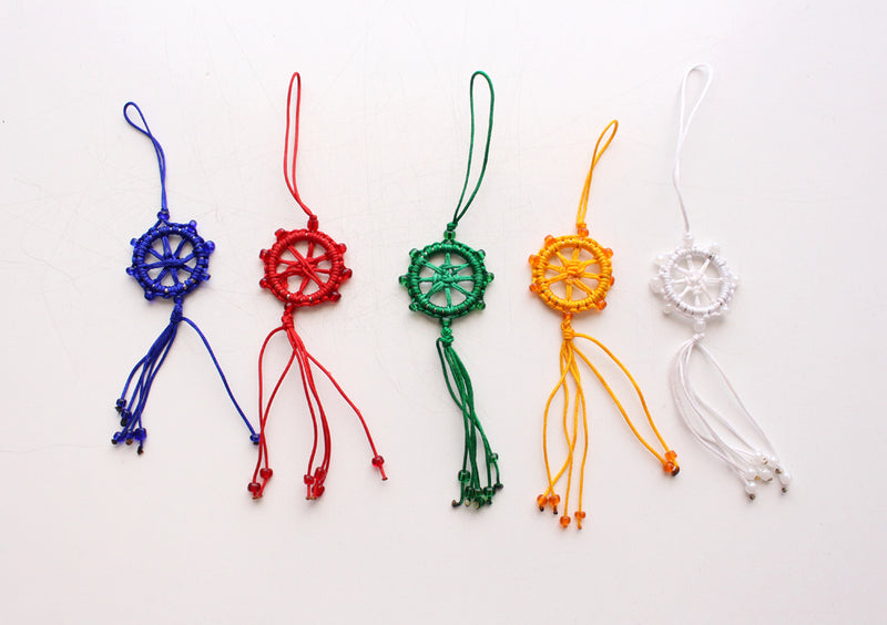 Beautiful Dharmachakra Car Hanging Amulet Decorated with Glass Beads - nepacrafts