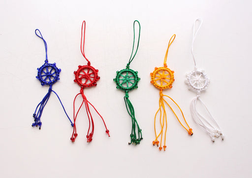 Beautiful Dharmachakra Car Hanging Amulet Decorated with Glass Beads - nepacrafts