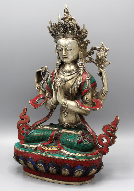 Jeweled Tibetan Silver Plated Chenrezig Statue - nepacrafts