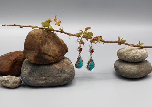 Turquoise and Coral Inlaid Dangle Sterling Silver Earrings - nepacrafts
