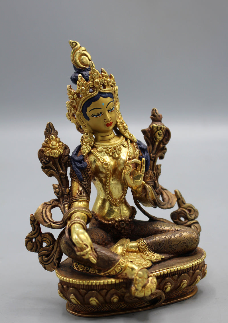 Exquisite Partly Gold Plated Copper Green Tara Statue 6"