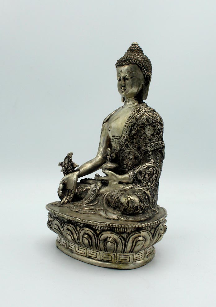 White Metal Floral Motif Carved Medicine Buddha Statue 8 Inches