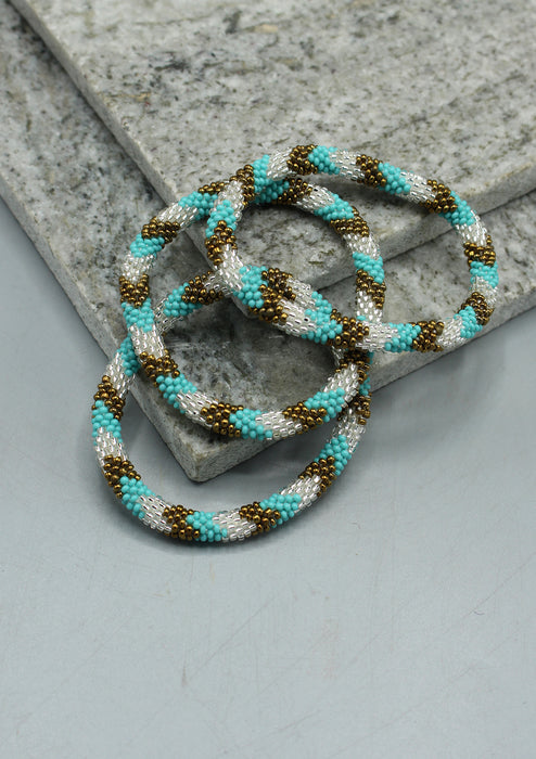 Shiny White, Gold & Mixed Beads Nepalese Roll on Bracelet