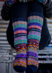 Dark Blue MultiColor Woolen Knee High Socks - nepacrafts