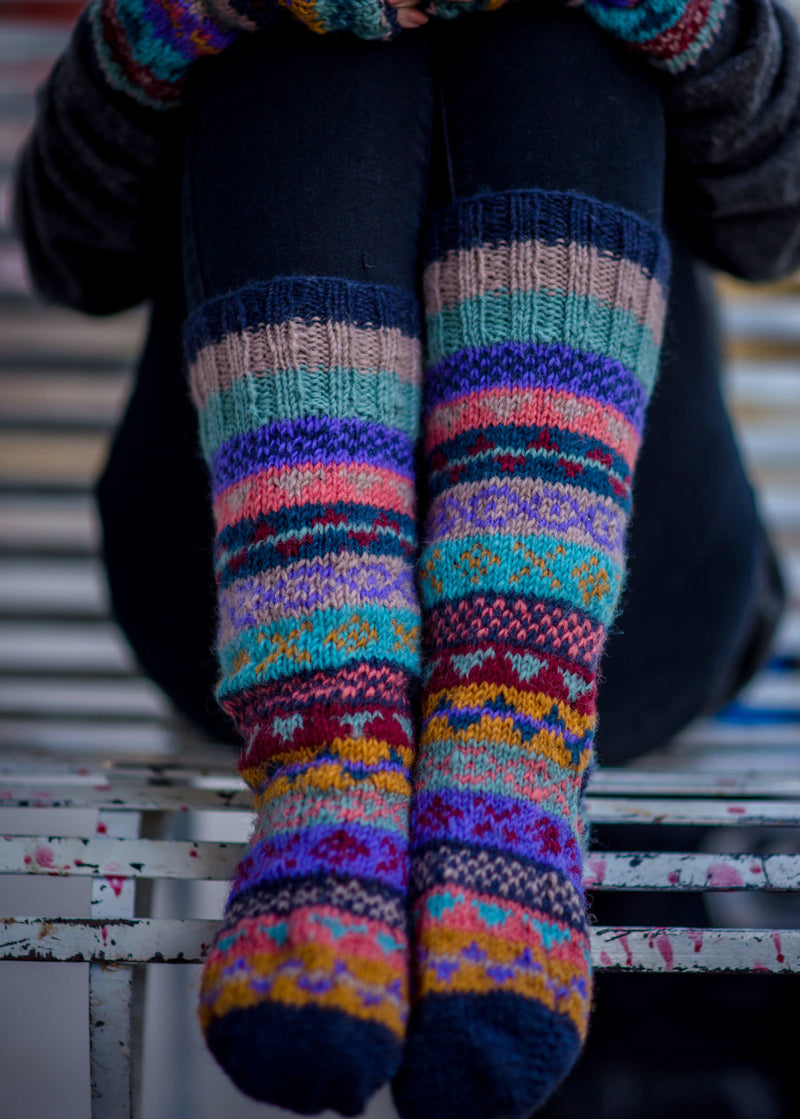 Dark Blue MultiColor Woolen Knee High Socks - nepacrafts