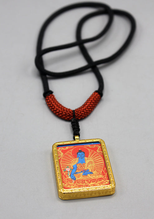 Healing Medicine Buddha Mini Hand Painted Thangka Amulet Pendant