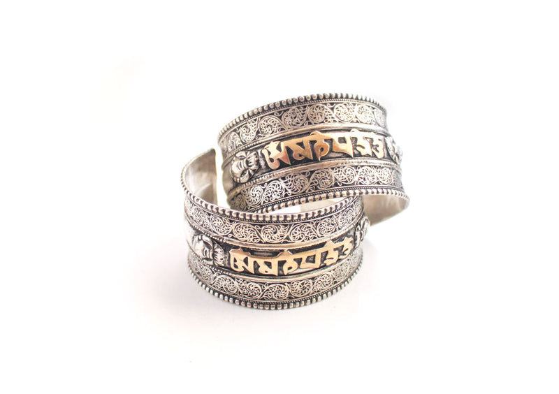 White Metal Om Mani Carved Cuff Bracelet for Meditation and Yoga - nepacrafts