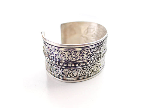 White Metal Fine Filigree Carving Handmade Cuff Bracelet - nepacrafts