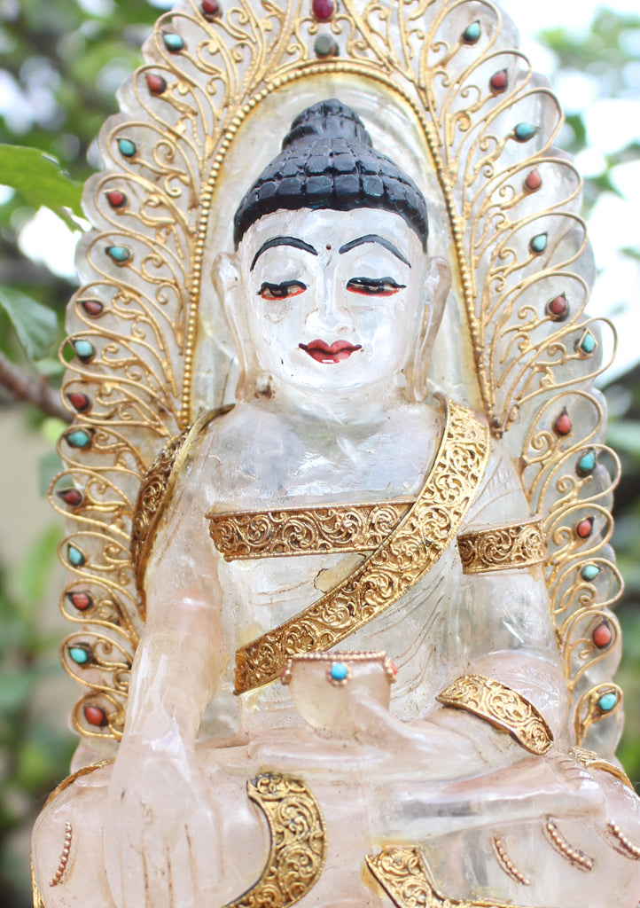 8" High Crystal Shakyamuni Buddha Statue with Goldplated Silver Robe - nepacrafts